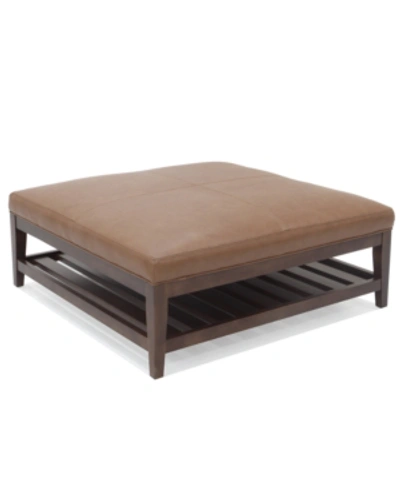 Hotel Collection Canillo 42" Leather Cocktail Ottoman With Wood Base In Level Toffee Cognac