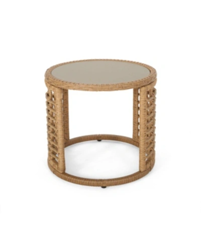Noble House Tatiana Outdoor Modern Boho Side Table With Glass Top In Brown