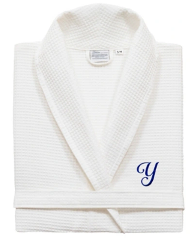 Linum Home Turkish Cotton Personalized Unisex Waffle Weave Bathrobe Bedding In Navy Y