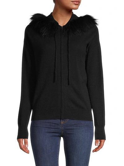 Amicale Women's Fox Fur-trimmed Cashmere Hoodie In Black
