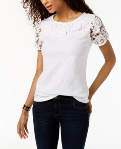 Charter Club Cotton Lace-embellished T-shirt, Created For Macy's In Bright White
