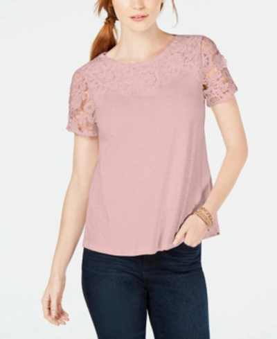 Charter Club Cotton Lace-embellished T-shirt, Created For Macy's In Misty Pink