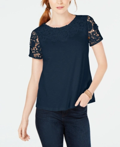 Charter Club Cotton Lace-embellished T-shirt, Created For Macy's In Intrepid Blue