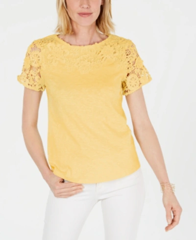 Charter Club Cotton Lace-embellished T-shirt, Created For Macy's In Citron Aura