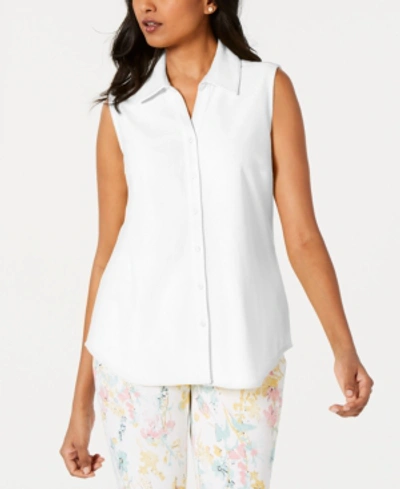 Charter Club Cotton Pique Sleeveless Shirt, Created For Macy's In Bright White