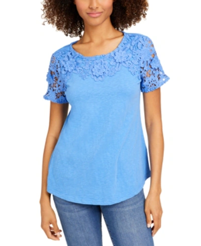 Charter Club Cotton Lace-embellished T-shirt, Created For Macy's In Baywater Blue