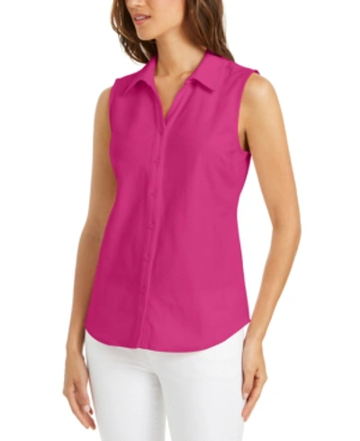 Charter Club Petite Sleeveless Button-up Shirt, Created For Macy's In Preppy Pink