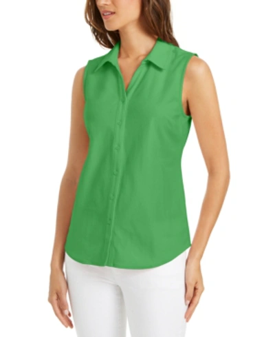 Charter Club Cotton Pique Sleeveless Shirt, Created For Macy's In Grass Blade