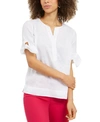 CHARTER CLUB WOMEN'S 100% LINEN SPLIT-NECK TIE-CUFF TOP, CREATED FOR MACY'S