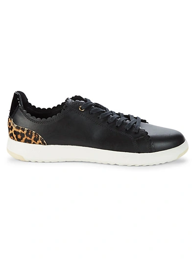 Cole Haan Gp Leather & Cow Hair Tennis Trainers In Black Leather