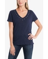 Vince Camuto Studded V-neck Cotton Blend T-shirt In Caviar Heather