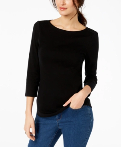 Charter Club Petite Pima Cotton Button-shoulder Top, Created For Macy's In Black