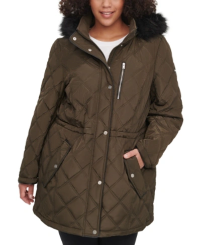 Dkny Plus Size Faux-fur-trim Hooded Quilted Anorak, Created For Macy's In Loden