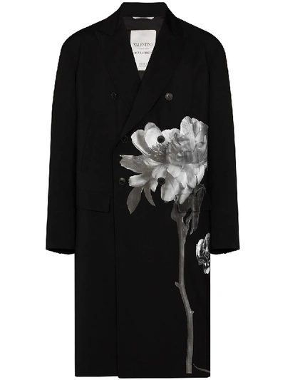 Valentino Flowersity Double-breasted Wool-blend Twill Coat In Black