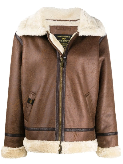 Alpha Industries Faux Shearling Aviator Jacket In Brown