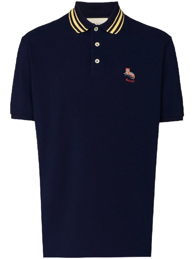 Gucci Cat Embroidery Cotton Polo Shirt In Blue