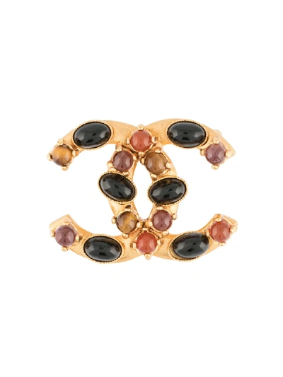 Pre-owned Chanel 2001 Stone-embellished Cc Brooch In Gold