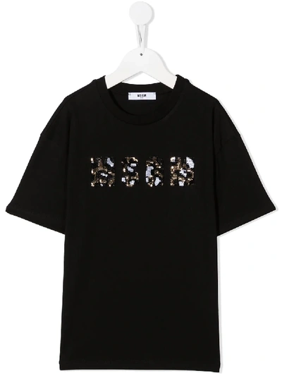 Msgm Kids' Sequinned Logo Print T-shirt In Black