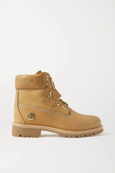 Jimmy Choo + Timberland Embroidered Leather-trimmed Glittered Nubuck Ankle Boots In Wheat_gold