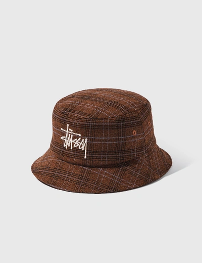 Stussy Big Logo Plaid Bucket Hat In Brown