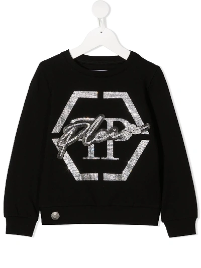 Philipp Plein Junior Kids' Rhinestone Logo Rib-trimmed Sweatshirt In Black