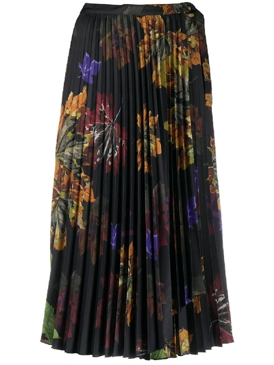 Off-white Floral Print Pleated Midi Skirt In Black