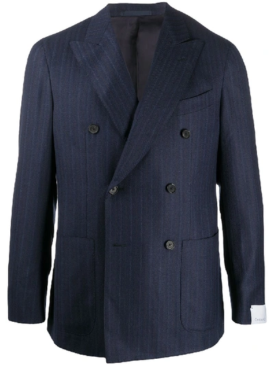 Caruso Striped Double-breasted Blazer In Blue