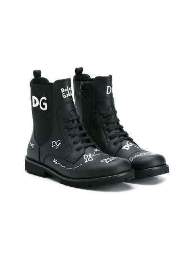 Dolce & Gabbana Teen Written Logo Print Combat Boots In Black