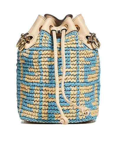 Fendi Mon Tresor Ff Logo Rafia And Calfskin Mini Bucket Bag In Azzurro + Nat + Os