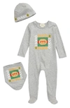 GUCCI LOGO COTTON FOOTIE, HAT & BIB SET,627965XJCPU