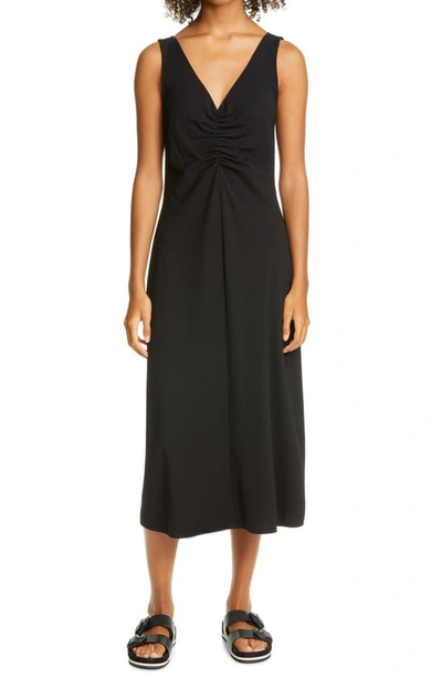 Vince Double Ruched V-neck Sleeveless Dress In Black