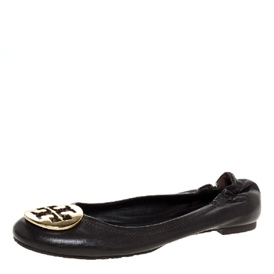 Pre-owned Tory Burch Brown Leather Minnie Scrunch Ballet Flats Size 37