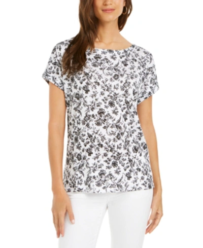 Charter Club Linen Floral-print Boat-neck Top, Created For Macy's In Deep Black Combo