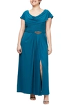 Alex Evenings Cowl Neck Beaded Waist Gown In Teal