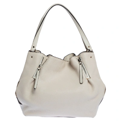 Pre-owned Burberry Ivory Leather And House Check Canvas Medium Maidstone Tote In White