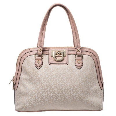 Pre-owned Dkny Pink/beige Signature Canvas And Leather Dome Satchel