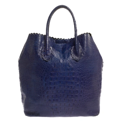 Pre-owned Furla Indigo Croc Embossed Leather Tote In Blue