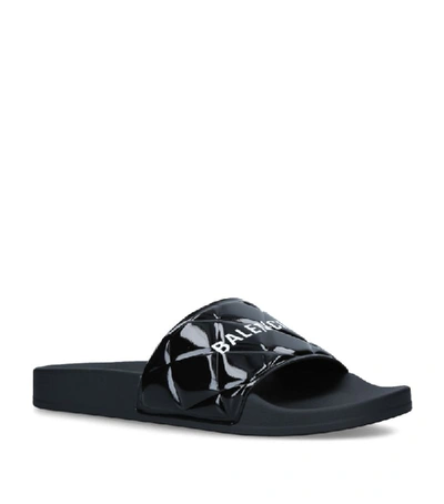 Balenciaga Logo-print Quilted Patent-leather Slides In Black
