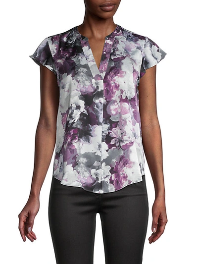 Calvin Klein Floral-print Cap Sleeves Blouse In Dark Purple Multi