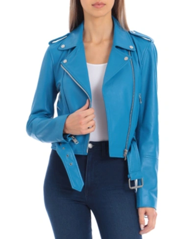 Avec Les Filles Leather Belted Cropped Biker Jacket In Lagoon