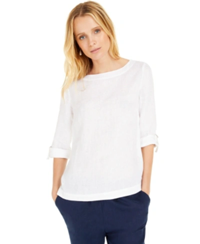 Charter Club Petite 100% Linen Cuffed Top, Created For Macy's In Bright White