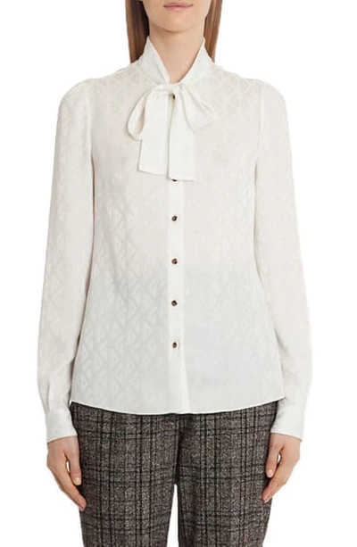 Dolce & Gabbana Pussy-bow Neck Logo Jacquard Silk Shirt In White