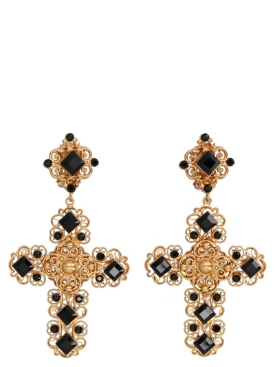 Dolce & Gabbana Beaded Crystal-embellished Cross-pendant Earrings In Gold