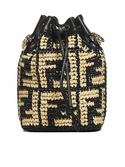 Fendi Mon Tresor Mini Ff-logo Raffia Bucket Bag In Noir