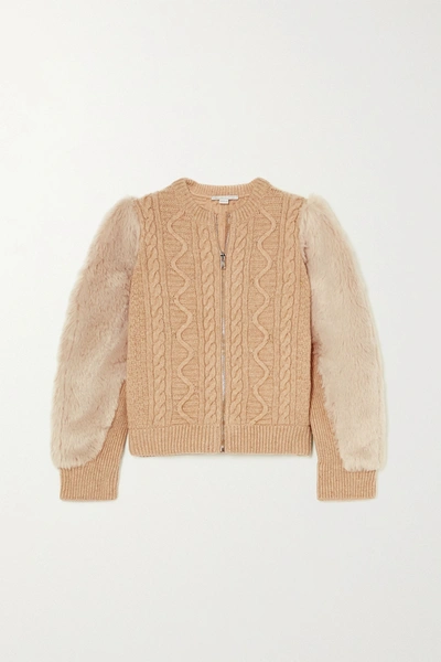 Stella Mccartney Faux Fur-trimmed Cable-knit Wool Jacket In Beige