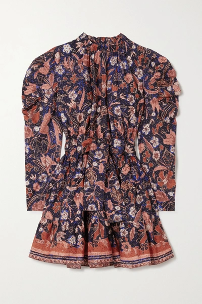Ulla Johnson Naima Belted Ruffled Floral-print Cotton-poplin Mini Dress In Midnight Blue