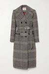 ALEXA CHUNG PENELOPE FAUX PATENT LEATHER-TRIMMED PRINCE OF WALES CHECKED TWEED COAT