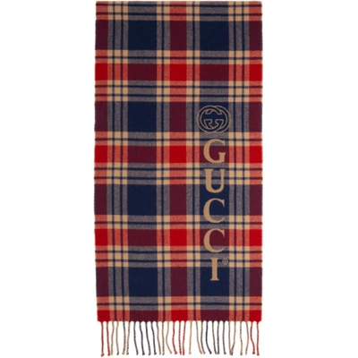 Gucci Navy & Beige Wool Check Logo Scarf In Red