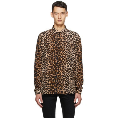 Saint Laurent Brown Silk Leopard Shirt In Black,brown