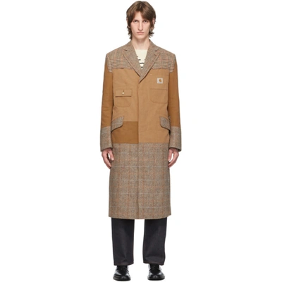 Junya Watanabe X Carhartt Mix-pattern Panelled Overcoat In Brown,beige